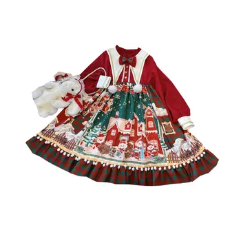 Princess arbatėlė saldus lolita dress Kalėdų bowknot aukšto juosmens viktorijos suknelė kawaii girl gothic lolita op loli cosplay