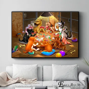 Šunys Žaidžia Pokerį Juokinga Stiliaus Plakatų Ir Grafikos Tapybos Drobės, Nuotraukos Ant Sienos Abstrakčiai Dekoratyvinis Namų Dekoro Obrazy