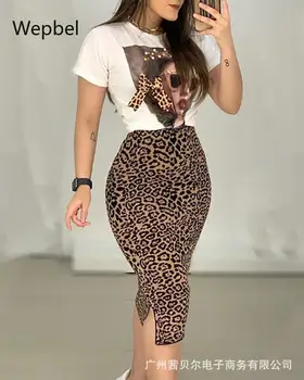 Wepbel Vasaros Leopard Moterų Rinkiniai Trumpomis Rankovėmis Viršūnes Marškinėlius + Didelis Wasit Bodycon Sijonas Spausdinti Nustatyti Dviejų Dalių Komplektas Laisvalaikio Apranga