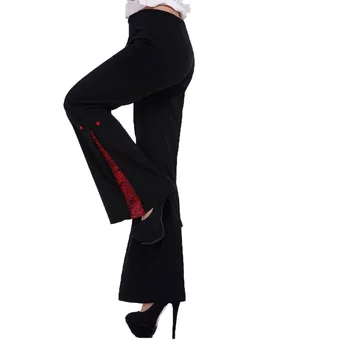 Nauja Juoda Kinijos Tradicinės Moterų Siuvinėti Gėlių Flare Kelnės Visas Ilgis Kelnės Pantalones Blyksnius Plus XS -5XL WNS031913