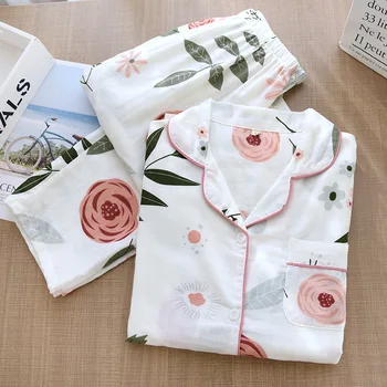 2021 m. Pavasarį Rožių Gėlių Balta Apačioje Dvigubą Marlę M L XL Pižama Nustatyti Patogus ilgomis rankovėmis Kelnės 2-piece Pj Rinkiniai Moterims