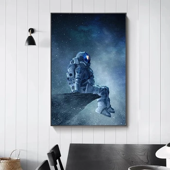 Šiuolaikinio Meno Vienišas Astronautas Sėdi Kosmoso Drobės Tapybos Plakatai ir Spausdina Sienos Menas Nuotraukas, Miegamojo Puošimas