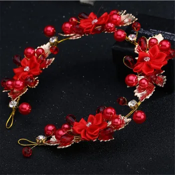 MHS.SAULĖ Raudona Spalva nuotakos hairband kristalų rožančiai vestuvių plaukų aksesuarų, perlai gėlių vainikai, kaspinai aukso spalvos TN1027