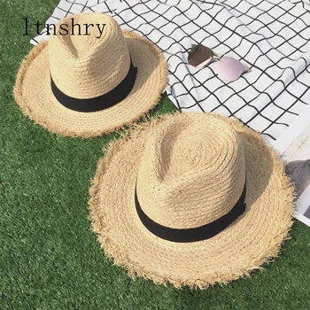 2019 nauji Plačiai Kraštų Rafija Saulės Kepurės Moterims, Vyrams, Akių Džiazo Kepurė Panama Floppy Skrybėlę Vasarą, Šiaudų Skrybėlę Trumpa Mėlyna Juosta, Paplūdimio Skrybėlę