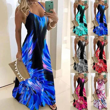 Spageti Dirželis Rankovių Blue, Pink Gėlių Spausdinti Suknelė Moterims Tunika Vasaros Atsitiktinis Boho Paplūdimio Ilgos Suknelės Moterų Plius Dydis 5XL