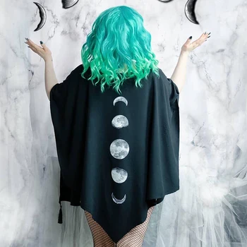 Gothic Black Derliaus Mėnulis Spausdinti Kailio Pelerinos Goth Prarasti Moterų Batwing Skara 2019 M. Rudenį tamsiai ilgomis Rankovėmis Žaliojo viršutinių drabužių siuvimas