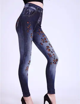 Lady Pavasarį, Rudenį naujų imitacija džinsus, antblauzdžiai atsitiktinis netikrą denim blue jegging gatvės gėlių skylę leopardas katė tatuiruotė spausdinti ziajać