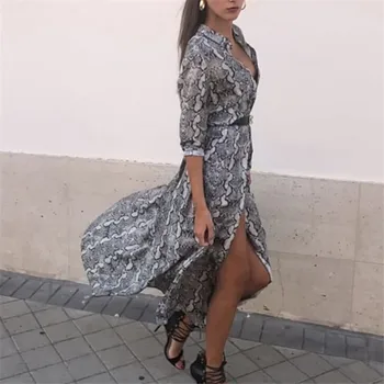 Moterų Šifono Python Odos Atspausdinta Suknelės ilgomis Rankovėmis Rudenį Boho Paplūdimio Ilgos Suknelės Ponios Mados Šventė V-kaklo Maxi Suknelė