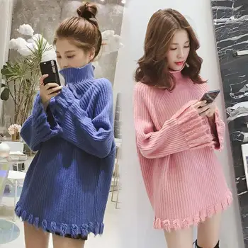 Rudenį ir Žiemą naujas korėjiečių moterų šiltas saldus viršuje prarasti storio aukštos apykaklės siūlėmis kutas megztas megztinis