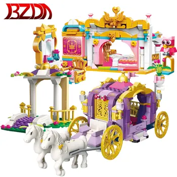 BZDA Princesė Serijos Kūrybiškumą Violetinė Vežimo, Statyba Blokai Prabangus Arklių Vežimą Žaislų Plytų Merginos Kalėdų Dovana