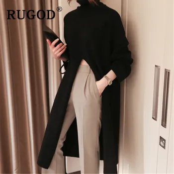 RUGOD Ins naujas mados aukštos padalinta moterų megztinis golfo ilgomis rankovėmis, šiltas wintere puloveriai moterų korėjos ilgai stiliaus streetwear