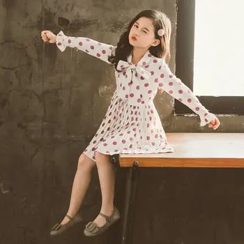 Vaikai Kietas Dot Bowtie Suknelė Priekyje Klostuotas Merginos Cute Drabužiai Vaikams 2020 M Palaidinė Stilius Linijos Vaikus Kelio Ilgio Šifono Suknelės