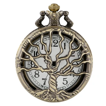 Tuščiaviduriai Gyvybės Medis Kvarco Kišenėje Žiūrėti Nemirtingas Karoliai Grandinę Bronzos Dizaino Pakabukas Laikrodis Senas Vintage Fob reloj + Medis Priedų