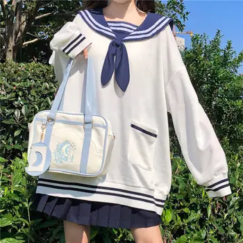 Japonijos Preppy Stiliaus Naujas Negabaritinių Marškinėlius Saldus Sailor Apykaklės Lankas Mielas Triušis Ausis Pilna Rankovės Vilnos Išlaikyti Šiltas Palaidinukė