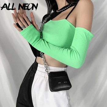 ALLNeon E-girl Punk Stiliaus Atidaryti Peties Tuščiaviduriai Iš Kratinys T-shirts Y2K Mados O-kaklo, ilgomis Rankovėmis Pasėlių Žalias Viršūnes Partywear