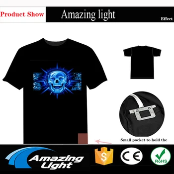 Mėlyna Kaukolės galvą, Ekvalaizeris Garso Aktyvuotas LED Marškinėlius Šviesos Aukštyn ir žemyn Mirksi EL Ekvalaizeris muzika įjungta, T-Shirt