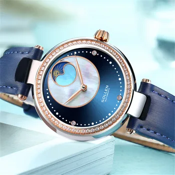 SOLLEN Mėlyna Moterų Laikrodžiai Ponios Deimantų Žiūrėti Mėnulio Fazės Odos Moteriška Automatinis Mechaninis laikrodis Mergaitėms Montre Femme