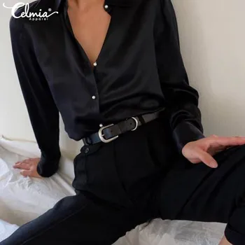 Stilingas Kieto Satino, Šilko Palaidinės Moterims, 2021 Celmia Mados Ilgomis Rankovėmis Atvartas, Plisuotos Marškinėliai Atsitiktinis Elegantiškas Viršūnes Plius Dydis Blusas
