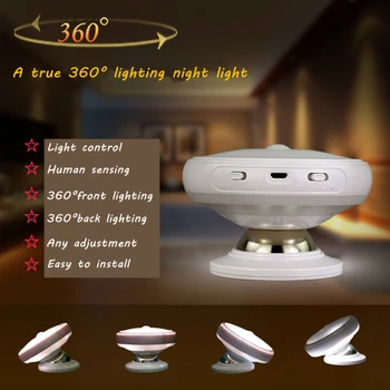 LED Nakties Šviesos 360 Laipsnių Sukimosi Judesio Jutiklis Naktinis Žibintas Nuimamas Magnetas Bazės USB Įkrovimo Baterija (akumuliatorius Koridoriaus Sienoje Šviesos