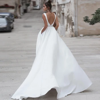 Elegantiškas Satino Vestuvių Suknelės V Kaklo Nuotakos Suknelės Vestido de Novia Balto Dramblio kaulo Backless Vestuvių Suknelė Moterims Užsakymą