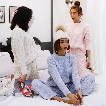 2020 Pižamos Skatinti Moterų Puolė Sleepwear Žiemą Namuose Nustatyti Saldainiai Spalvos Megztinis + Platus Kojų Kelnės 2 Rinkiniai Paslaugų Pajama