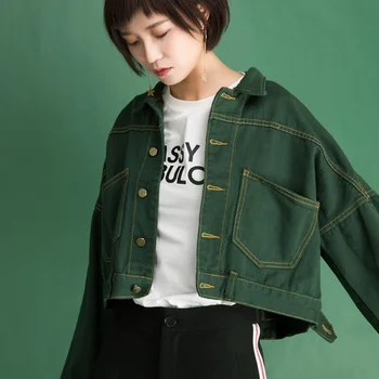 Moterų džinsinio striukė harajuku top hip-hop apkarpytos žalia džinsinio audinio švarkai moterų rudenį pagrindinio jean striukė 2018 moterų KK2446