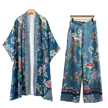 Moterų Nustatyti, 2021 M. Rudens Pradžioje Cardigan Naują Spausdinimo Spalvų Kimono Laisvi Apsaugos nuo Saulės Drabužius + Platus Kojų Kelnės Dviejų dalių