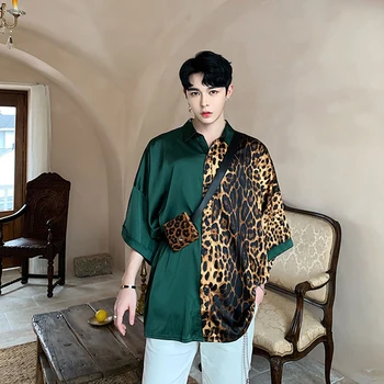 Stilistas trumpomis rankovėmis vasarą kratinys vyriški marškiniai Ketvirtį Rankovėmis dekoruoti naktinis klubas laisvi marškinėliai jaunimo Leopardas Spausdinti
