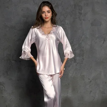 2019 Sexy Satin Pajama Nustatyti Rudenį Pijama Femme Naktį Kostiumai Ponios Ilgomis Rankovėmis+Kelnės 2 Vnt Sleepwear Rinkinys Šilkinės Pižamos Homewear