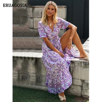 ERUAGOSIA Moterų Suknelė Vintage Boho Maxi Suknelė Gėlių Spausdinti Vasaros Varčias Paplūdimio Vestidos Atsitiktinis Padalinta V-kaklo Suknelės Femme Skraiste